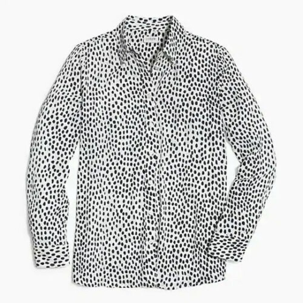 J Crew White & Black Printed Button Up Blouse Size Medium NEW